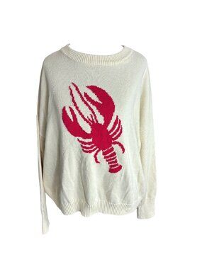 CeCe Women’s Lobster Graphic Sweater Oversized Knit Pullover Beige/White